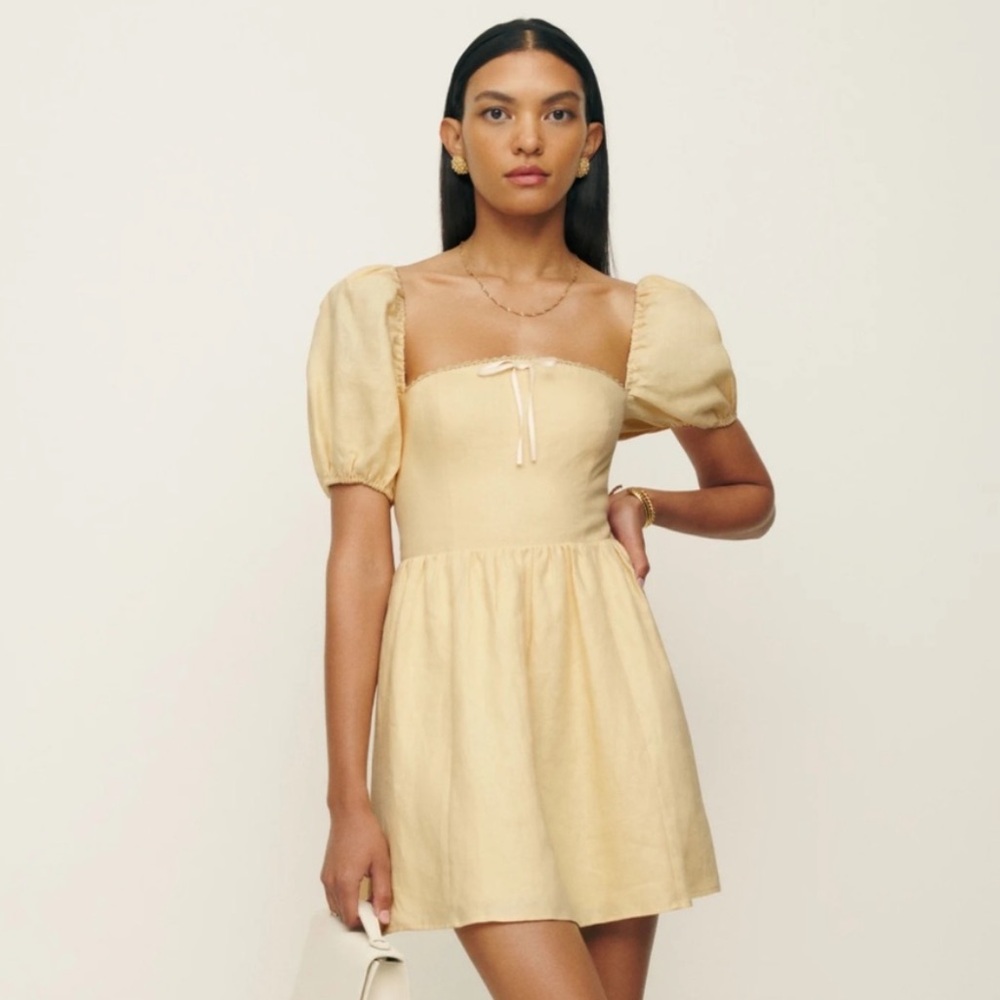 Reformation Malvina Linen Mini Dress In Butter Yellow (Parmesan), SIZE 12